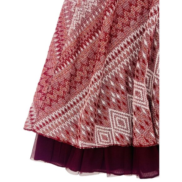 Free People Burgundy Shimmer Fit & Flare Tulle Trim Embroidered Sweetheart Dress - Picture 7 of 16